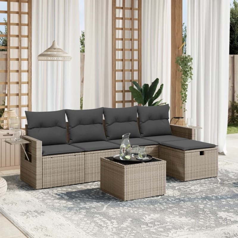 vidaXL Set de muebles de jardín 6 pzas y cojines ratán sintético gris vidaXL Set de muebles de jardín 6 pzas y cojines ratán sintético gris