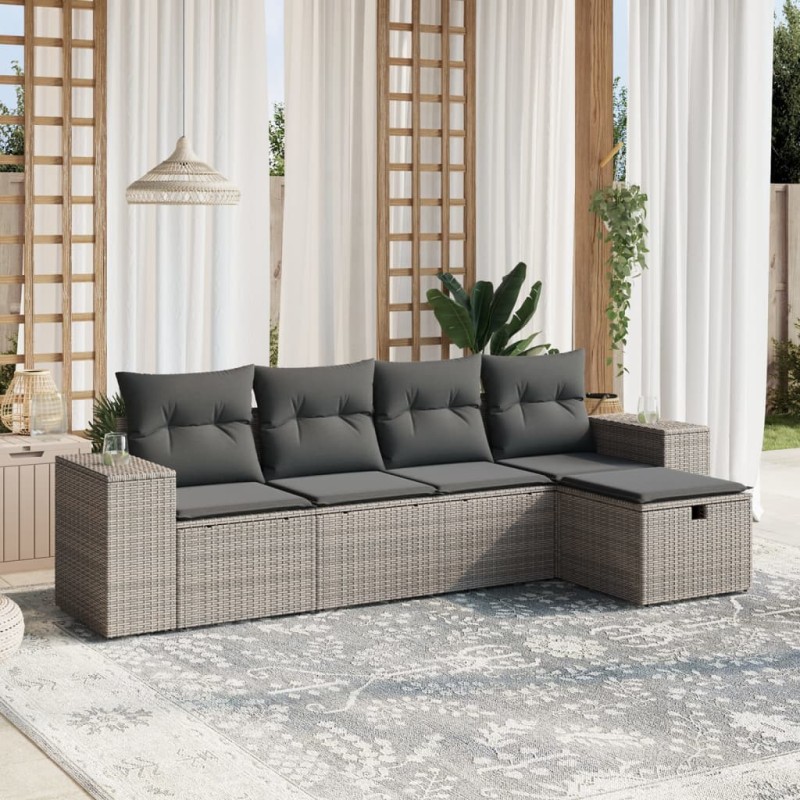 vidaXL Juego de sofás jardín con cojines 5 pzas ratán sintético gris vidaXL Juego de sofás jardín con cojines 5 pzas ratán sintético gris