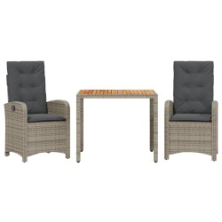 vidaXL Set comedor de jardín 3 piezas con cojines ratán sintético gris