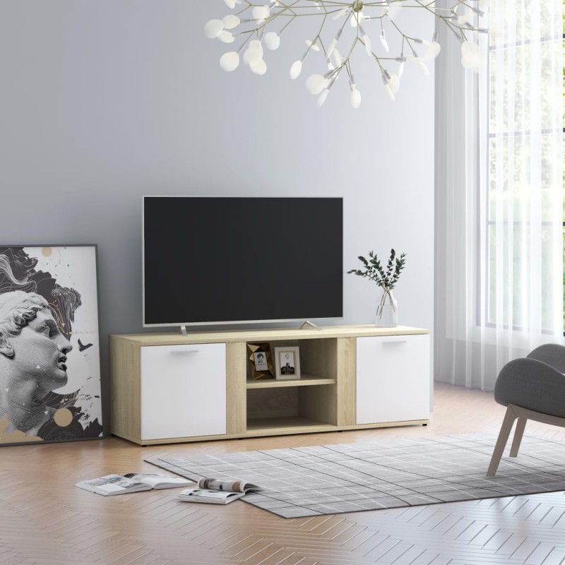 vidaXL Mueble de TV madera contrachapada blanco y roble 120x34x37 cm vidaXL Mueble de TV madera contrachapada blanco y roble 120x34x37 cm