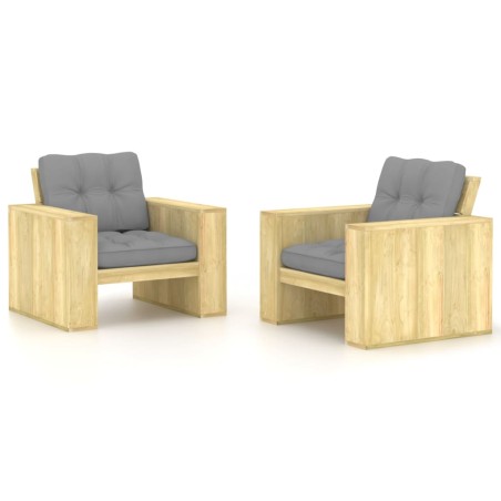 vidaXL Sillas de jardín cojines 2 uds gris madera de pino impregnada