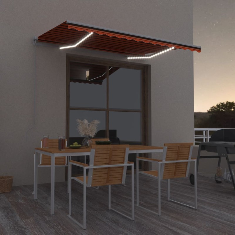 vidaXL Toldo manual retráctil con LED naranja y marrón 300x250 cm vidaXL Toldo manual retráctil con LED naranja y marrón 300x250 cm