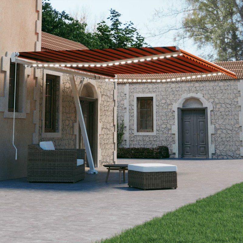 vidaXL Toldo manual retráctil con LED naranja y marrón 400x300 cm vidaXL Toldo manual retráctil con LED naranja y marrón 400x300 cm