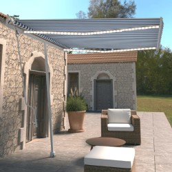 vidaXL Toldo automático LED sensor de viento azul y blanco 300x250 cm
