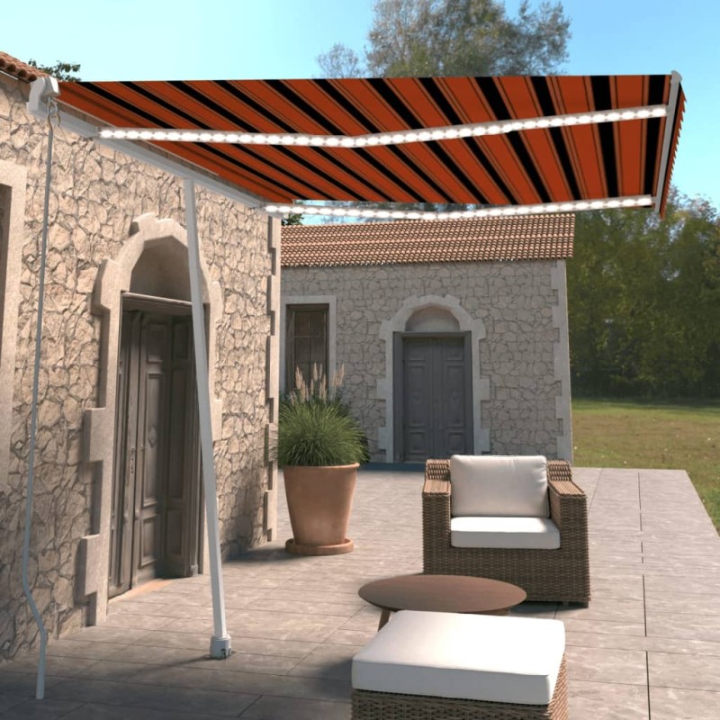 vidaXL Toldo manual retráctil con luz LED naranja y marrón 300x250 cm vidaXL Toldo manual retráctil con luz LED naranja y marrón 300x250 cm