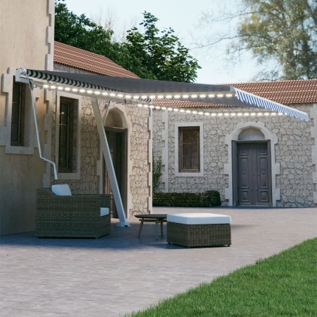 vidaXL Toldo automático LED sensor de viento azul y blanco 400x300 cm