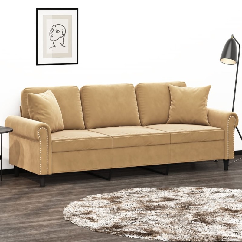 vidaXL Sofá de 3 plazas con cojines terciopelo marrón 180 cm vidaXL Sofá de 3 plazas con cojines terciopelo marrón 180 cm