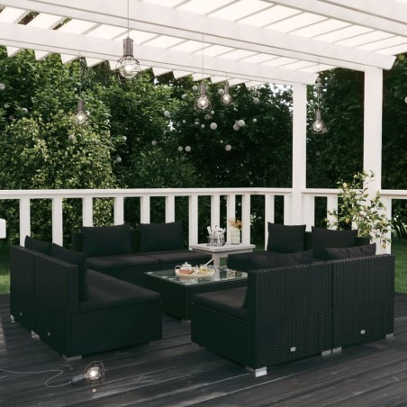 vidaXL Set de muebles de jardín 9 pzas y cojines ratán sintético negro