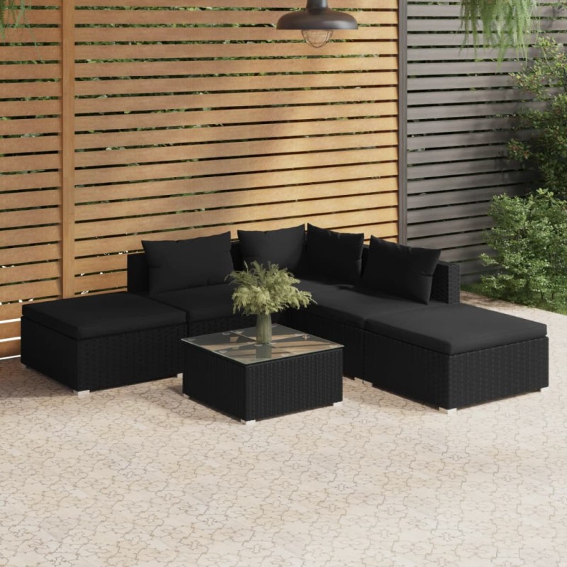 vidaXL Set de muebles de jardín 6 pzas y cojines ratán sintético negro vidaXL Set de muebles de jardín 6 pzas y cojines ratán sintético negro