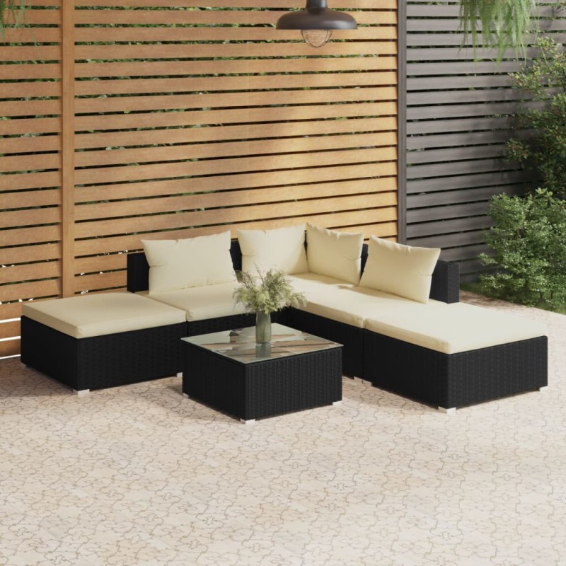 vidaXL Set de muebles de jardín 6 pzas y cojines ratán sintético negro vidaXL Set de muebles de jardín 6 pzas y cojines ratán sintético negro