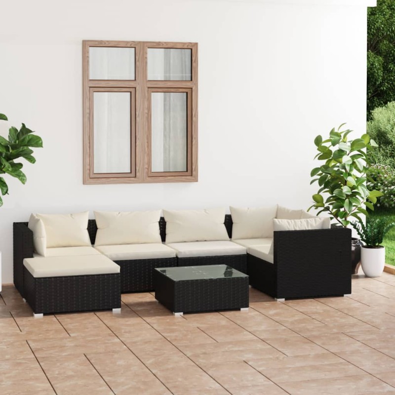 vidaXL Set de muebles de jardín 7 pzas y cojines ratán sintético negro vidaXL Set de muebles de jardín 7 pzas y cojines ratán sintético negro