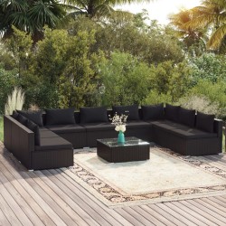 vidaXL Set de muebles de jardín 10 pzas cojines ratán sintético negro