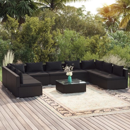 vidaXL Set de muebles de jardín 10 pzas cojines ratán sintético negro