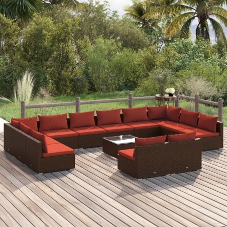 vidaXL Set muebles de jardín 13 piezas cojines ratán sintético marrón