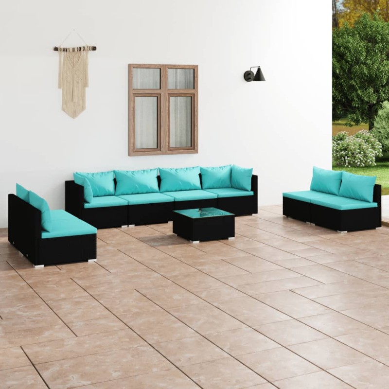 vidaXL Set de muebles de jardín 9 pzas y cojines ratán sintético negro vidaXL Set de muebles de jardín 9 pzas y cojines ratán sintético negro