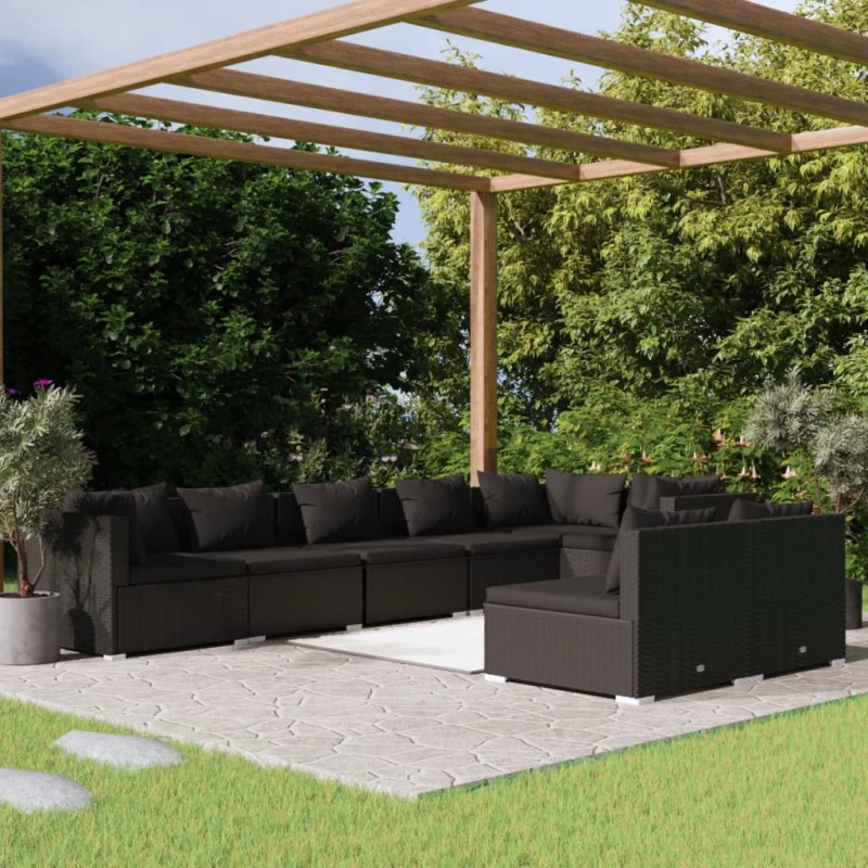 vidaXL Set de muebles de jardín 8 pzas y cojines ratán sintético negro vidaXL Set de muebles de jardín 8 pzas y cojines ratán sintético negro