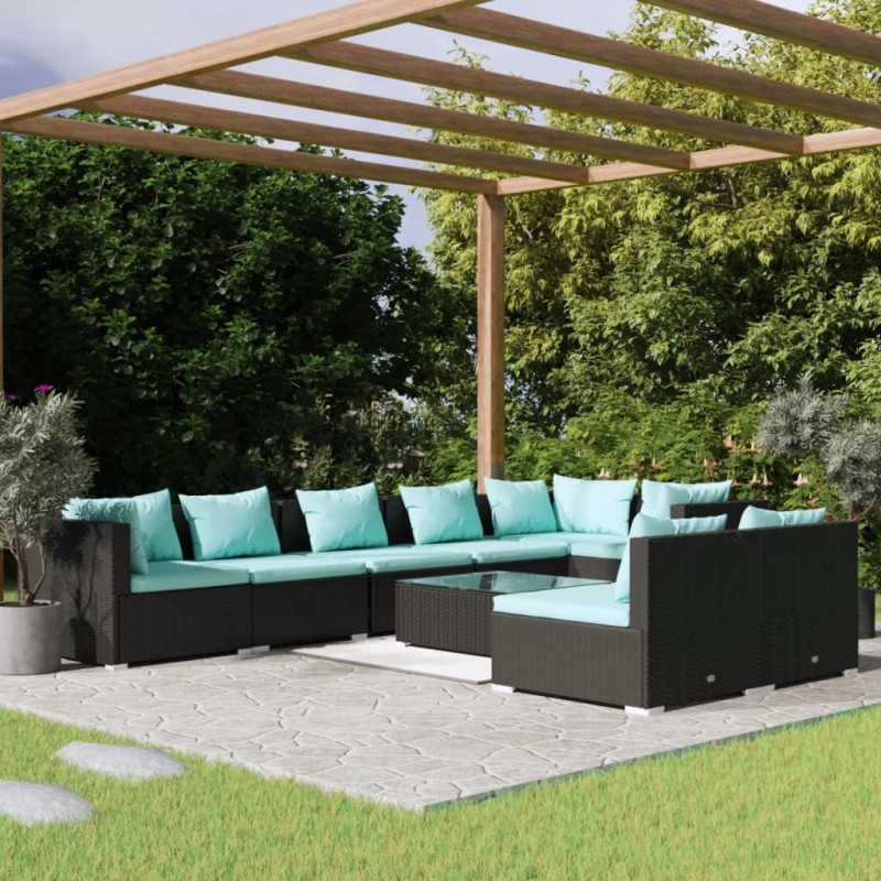 vidaXL Set de muebles de jardín 9 pzas y cojines ratán sintético negro vidaXL Set de muebles de jardín 9 pzas y cojines ratán sintético negro