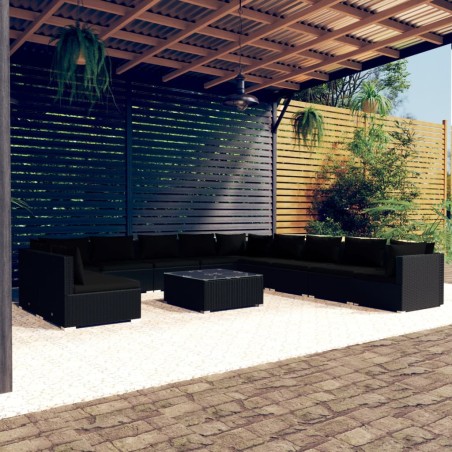 vidaXL Set de sofás de jardín 12 pzas cojines ratán sintético negro