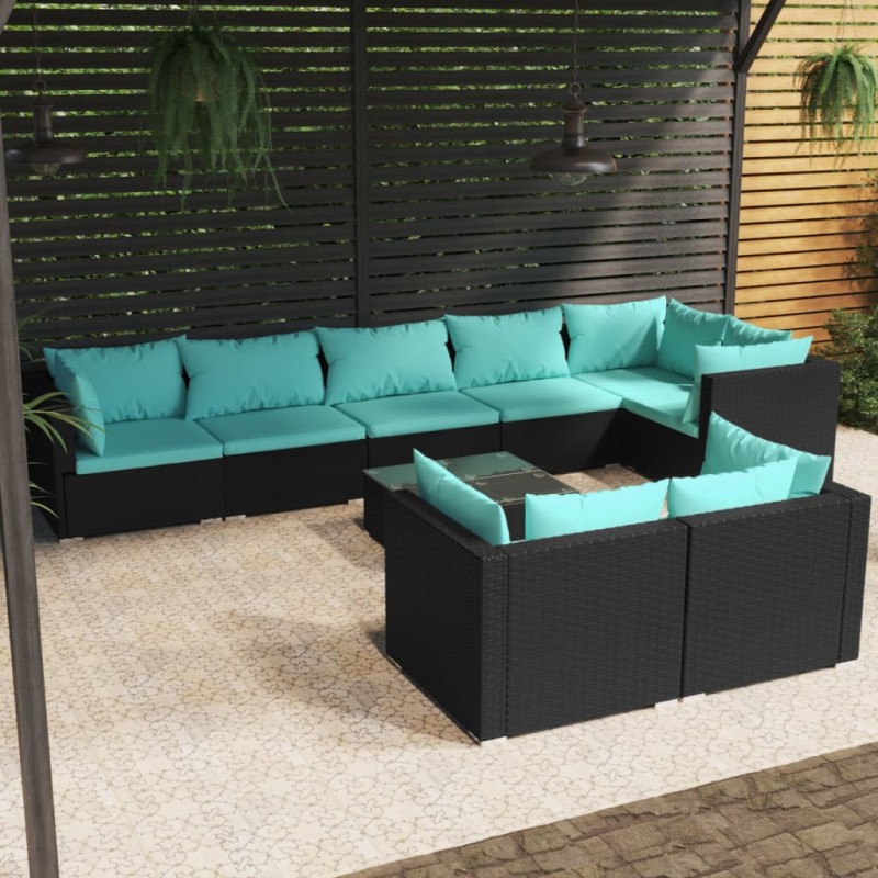 vidaXL Set de muebles de jardín 9 pzas y cojines ratán sintético negro vidaXL Set de muebles de jardín 9 pzas y cojines ratán sintético negro