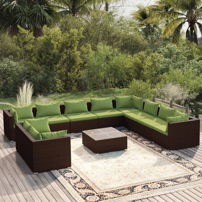 vidaXL Set de muebles de jardín 11 pzas cojines ratán sintético marrón vidaXL Set de muebles de jardín 11 pzas cojines ratán sintético marrón