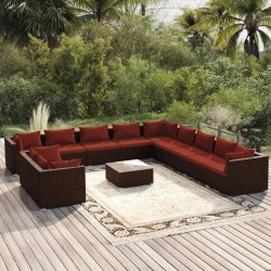 vidaXL Set muebles de jardín y cojines 12 pzas ratán sintético marrón