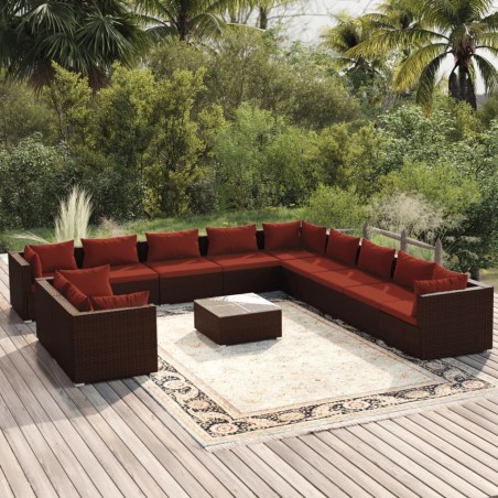 vidaXL Set muebles de jardín y cojines 12 pzas ratán sintético marrón