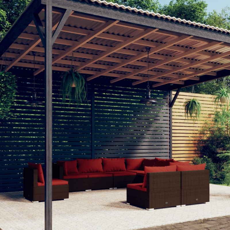 vidaXL Set muebles de jardín 9 piezas y cojines ratán sintético marrón vidaXL Set muebles de jardín 9 piezas y cojines ratán sintético marrón
