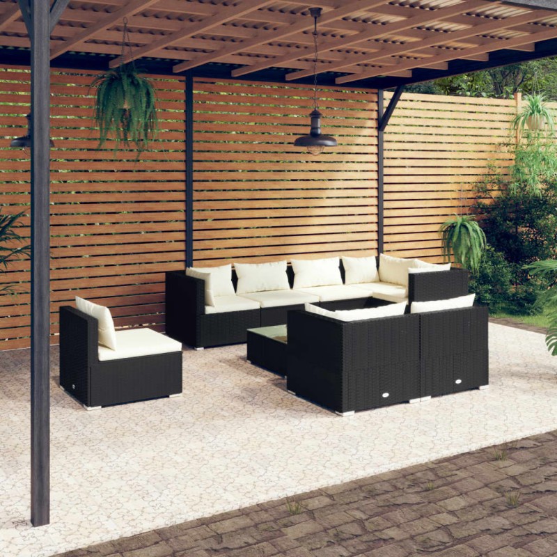 vidaXL Set de muebles de jardín 9 pzas y cojines ratán sintético negro vidaXL Set de muebles de jardín 9 pzas y cojines ratán sintético negro