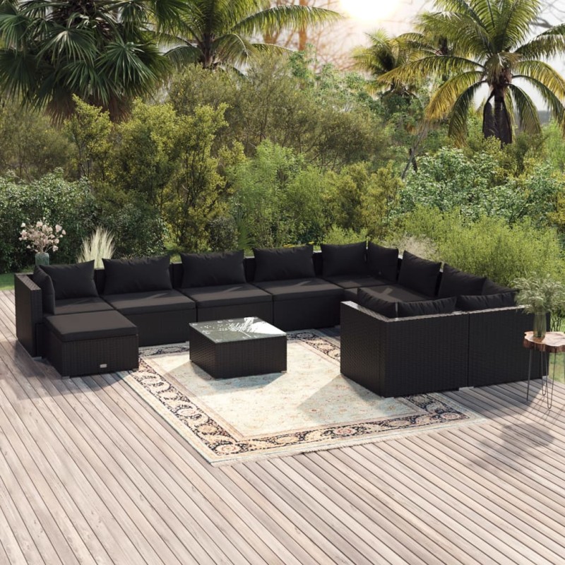 vidaXL Set de muebles de jardín 11 pzas cojines ratán sintético negro vidaXL Set de muebles de jardín 11 pzas cojines ratán sintético negro