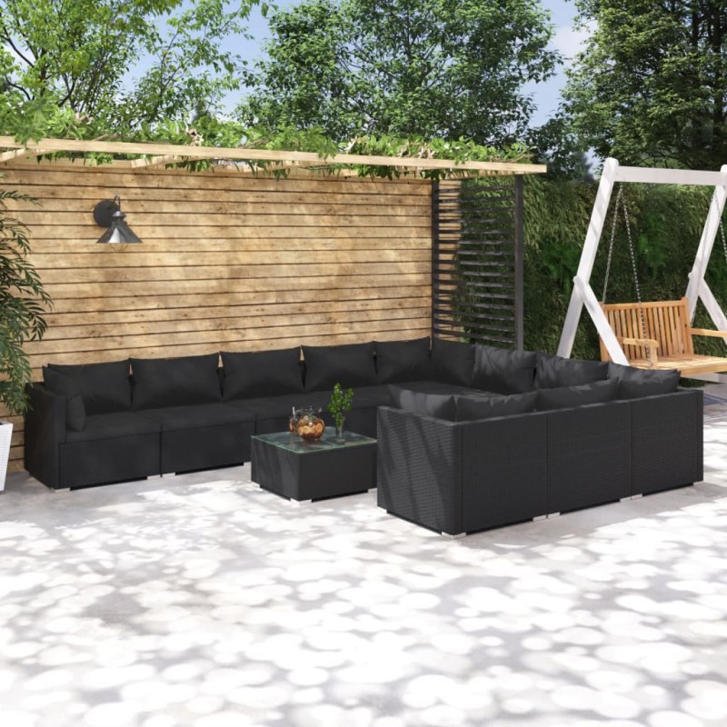 vidaXL Set de muebles de jardín 11 pzas cojines ratán sintético negro vidaXL Set de muebles de jardín 11 pzas cojines ratán sintético negro