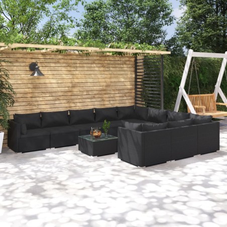 vidaXL Set de muebles de jardín 11 pzas cojines ratán sintético negro