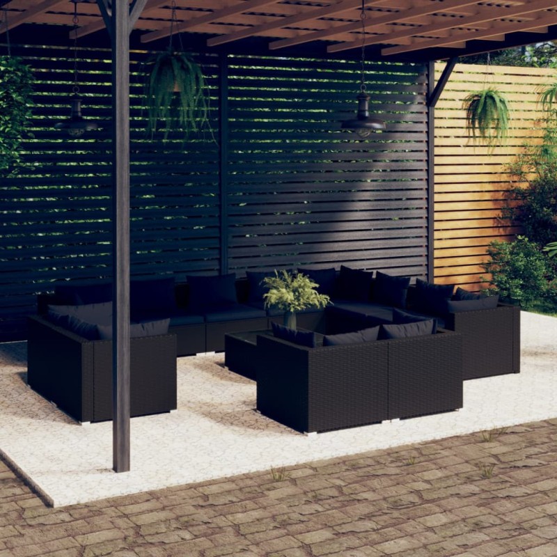 vidaXL Set de muebles de jardín 13 pzas cojines ratán sintético negro vidaXL Set de muebles de jardín 13 pzas cojines ratán sintético negro