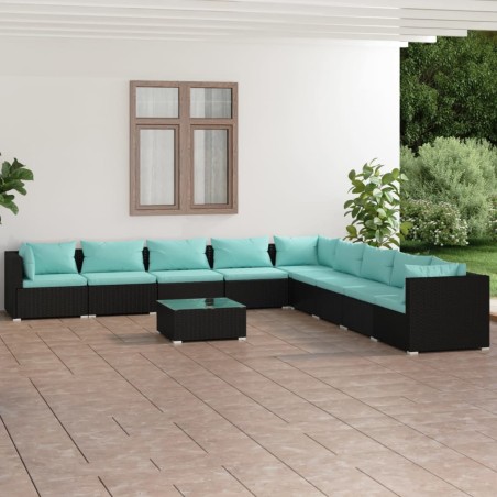 vidaXL Set de muebles de jardín 10 pzas cojines ratán sintético negro