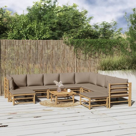 vidaXL Set de muebles de jardín 11 piezas bambú y cojines gris taupé
