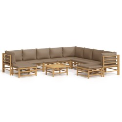vidaXL Set de muebles de jardín 11 piezas bambú y cojines gris taupé