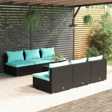 vidaXL Set de muebles de jardín y cojines 7 pzas ratán sintético negro