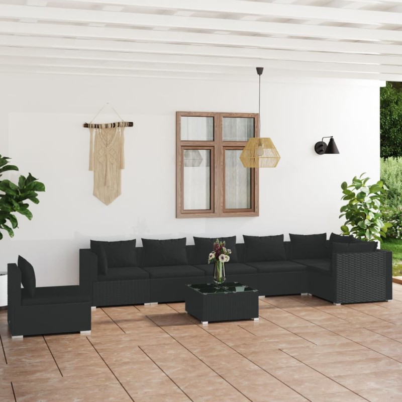 vidaXL Set de muebles de jardín 8 pzas y cojines ratán sintético negro vidaXL Set de muebles de jardín 8 pzas y cojines ratán sintético negro
