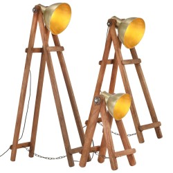vidaXL Lámpara de pie 3 pzas madera maciza de mango latón E27
