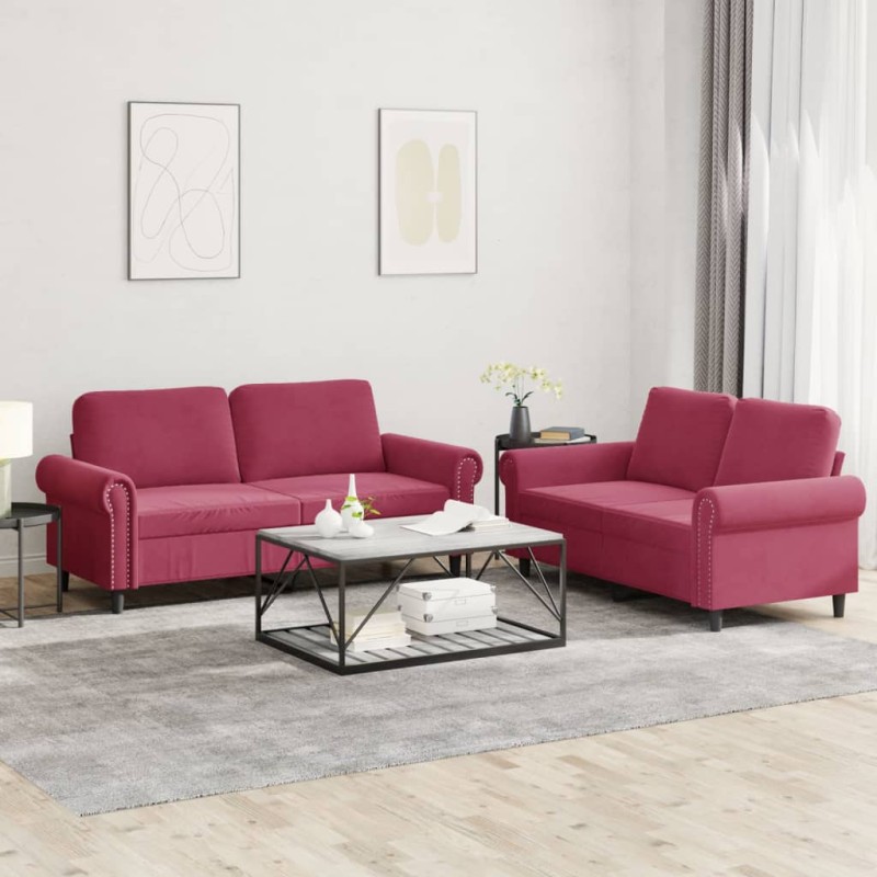vidaXL Juego de sofás con cojines 2 piezas terciopelo rojo tinto vidaXL Juego de sofás con cojines 2 piezas terciopelo rojo tinto