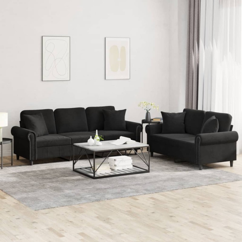 vidaXL Juego de sofás con cojines 2 piezas terciopelo negro vidaXL Juego de sofás con cojines 2 piezas terciopelo negro