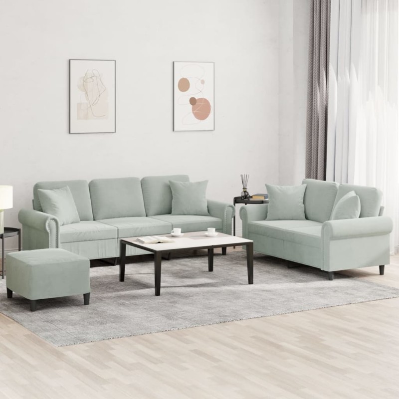 vidaXL Juego de sofás con cojines 3 piezas terciopelo gris claro vidaXL Juego de sofás con cojines 3 piezas terciopelo gris claro