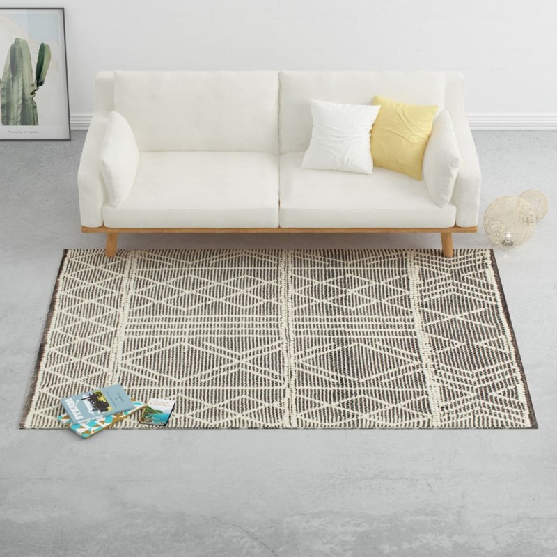 vidaXL Alfombra tejida a mano de lana negro/blanco 120x170 cm