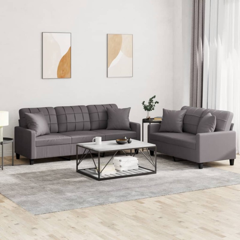 vidaXL Juego de sofás con cojines 2 piezas cuero sintético gris vidaXL Juego de sofás con cojines 2 piezas cuero sintético gris