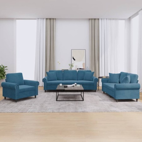vidaXL Juego de sofás con cojines 3 piezas terciopelo azul