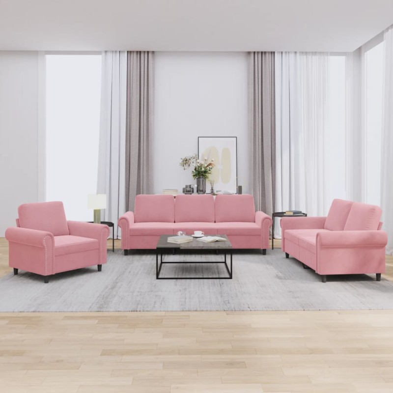 vidaXL Juego de sofás con cojines 3 piezas terciopelo rosa vidaXL Juego de sofás con cojines 3 piezas terciopelo rosa