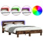 vidaXL Estructura de cama cabecero y luces LED roble ahumado 140x190cm vidaXL Estructura de cama cabecero y luces LED roble ahumado 140x190cm