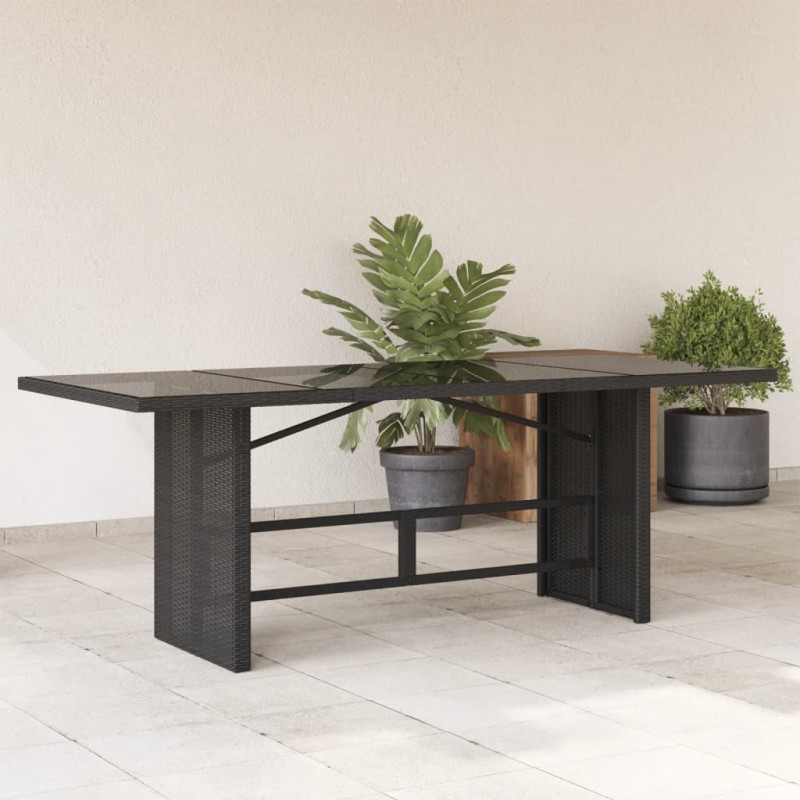 vidaXL Mesa de jardín superficie de vidrio ratán PE negro 190x80x74 cm vidaXL Mesa de jardín superficie de vidrio ratán PE negro 190x80x74 cm