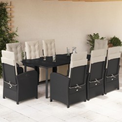 vidaXL Set de comedor de jardín 9 pzas y cojines ratán sintético negro