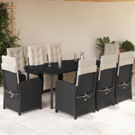 vidaXL Set de comedor de jardín 9 pzas y cojines ratán sintético negro