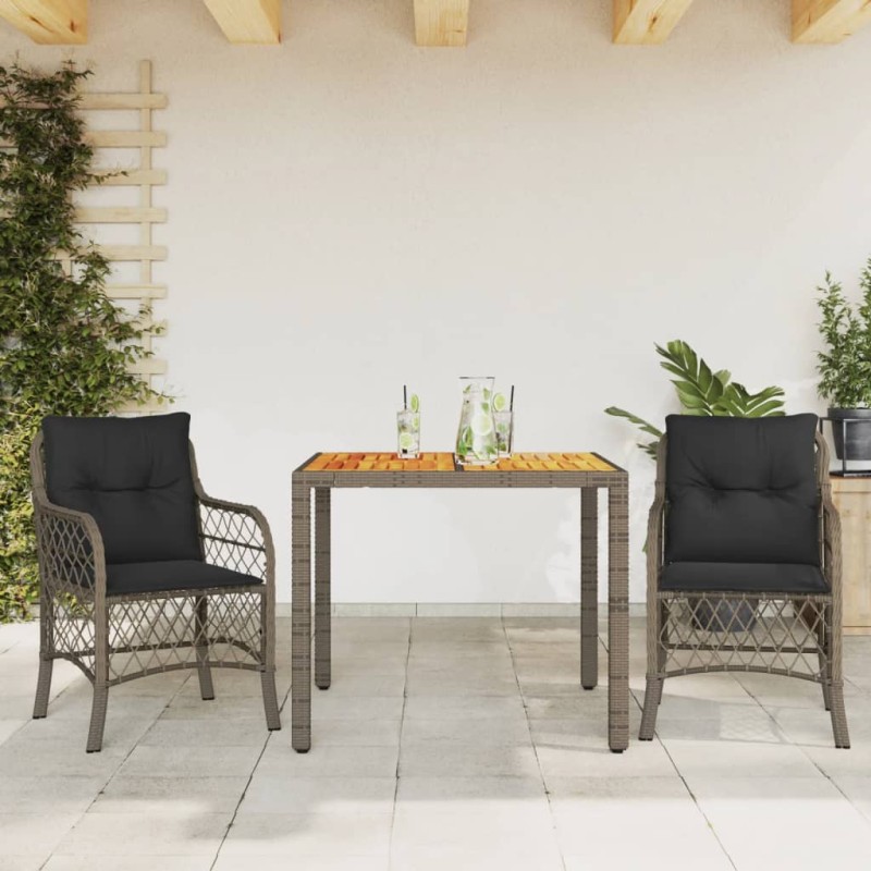 vidaXL Sillas y mesita de jardín con cojines 3 piezas ratán PE gris vidaXL Sillas y mesita de jardín con cojines 3 piezas ratán PE gris